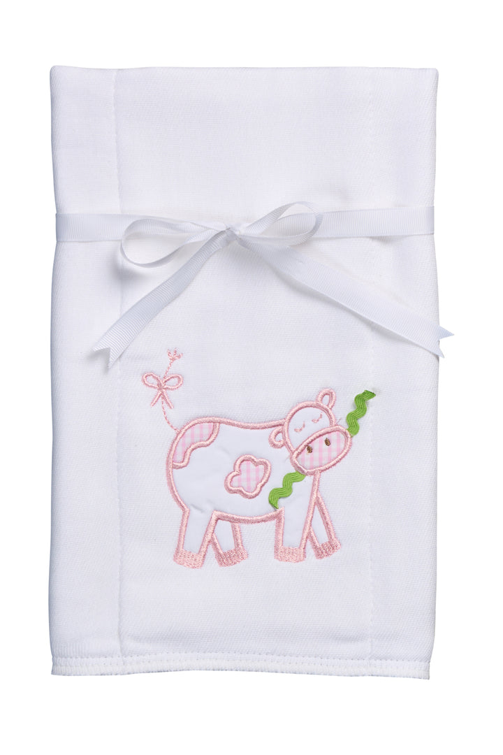 Cotton burp cloth for baby with pink cow applique, 3 Marthas