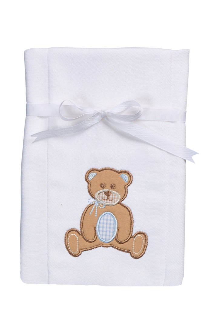 Cotton burp cloth for baby with blue and brown teddy bear applique, 3 Marthas