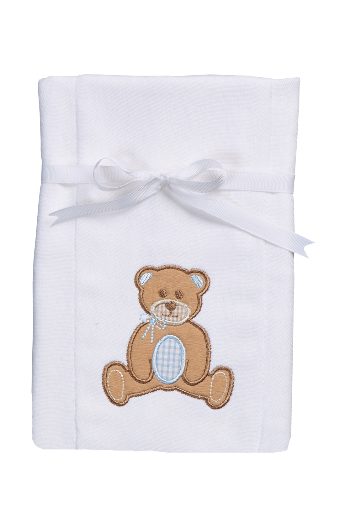 Cotton burp cloth for baby with blue and brown teddy bear applique, 3 Marthas
