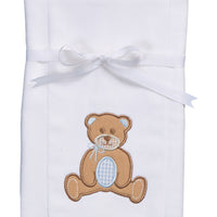 Cotton burp cloth for baby with blue and brown teddy bear applique, 3 Marthas