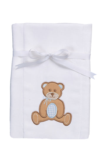 Cotton burp cloth for baby with blue and brown teddy bear applique, 3 Marthas