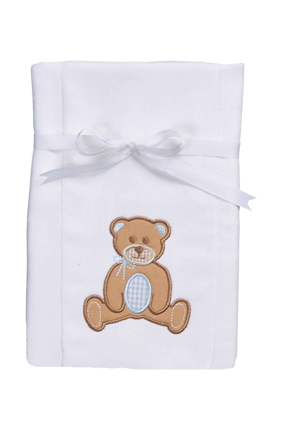 Cotton burp cloth for baby with blue and brown teddy bear applique, 3 Marthas