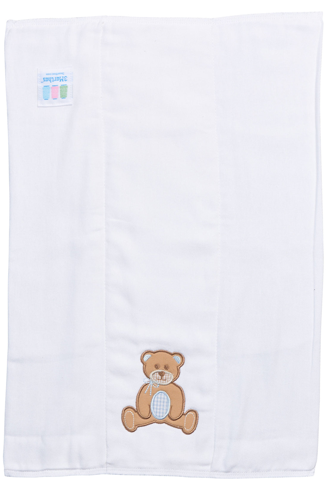 Cotton burp cloth for baby with blue and brown teddy bear applique, 3 Marthas