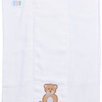Cotton burp cloth for baby with blue and brown teddy bear applique, 3 Marthas