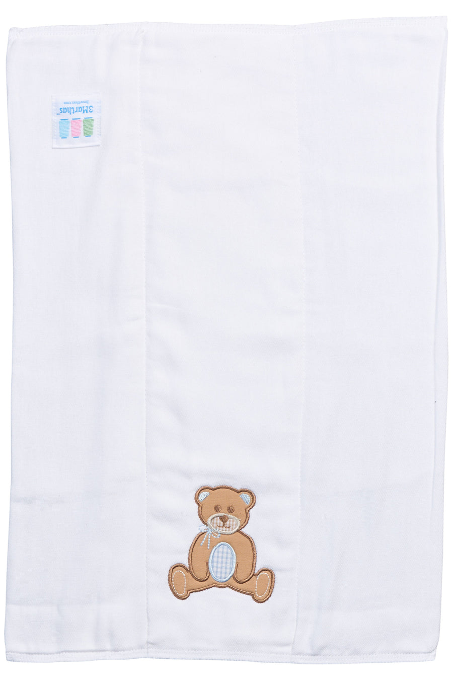 Cotton burp cloth for baby with blue and brown teddy bear applique, 3 Marthas