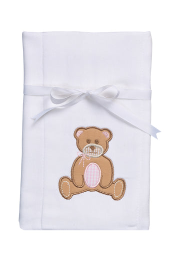 Cotton burp cloth for baby girl with pink and brown gingham teddy bear applique, 3 Marthas