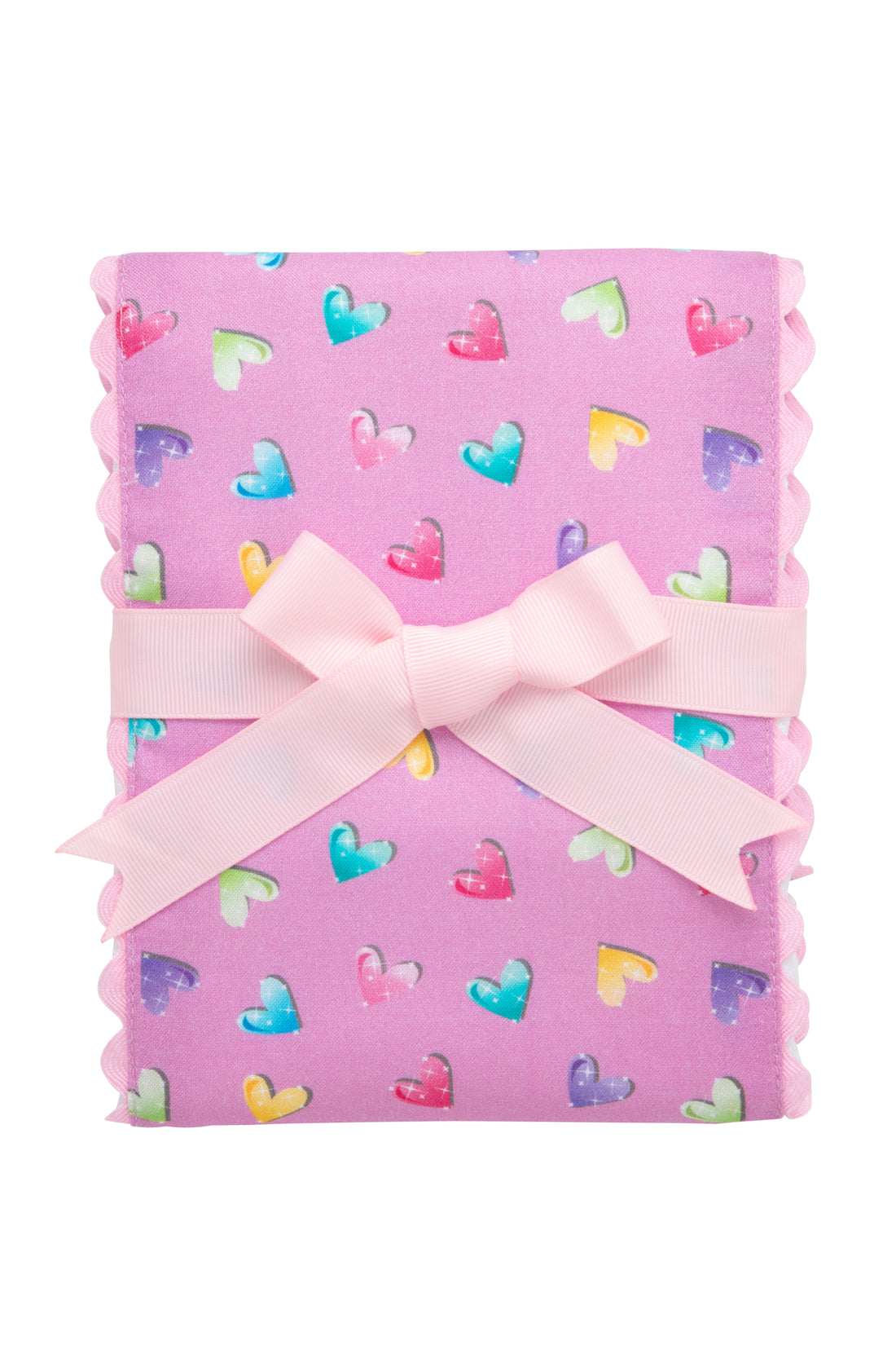 Cotton burp cloth for baby with multi heart print fabric and pink ric rac trim, 3 Marthas