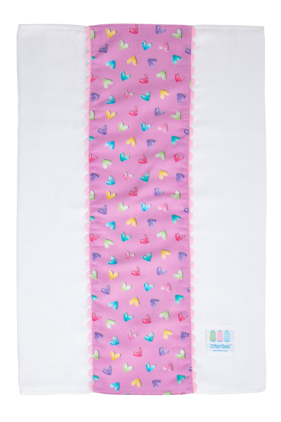 Cotton burp cloth for baby with multi heart print fabric and pink ric rac trim, 3 Marthas