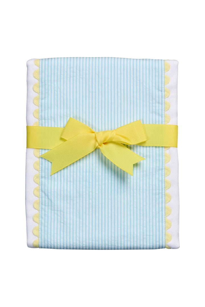 Cotton burp cloth for baby with aqua stripe fabric and yellow ric rac trim, 3 Marthas