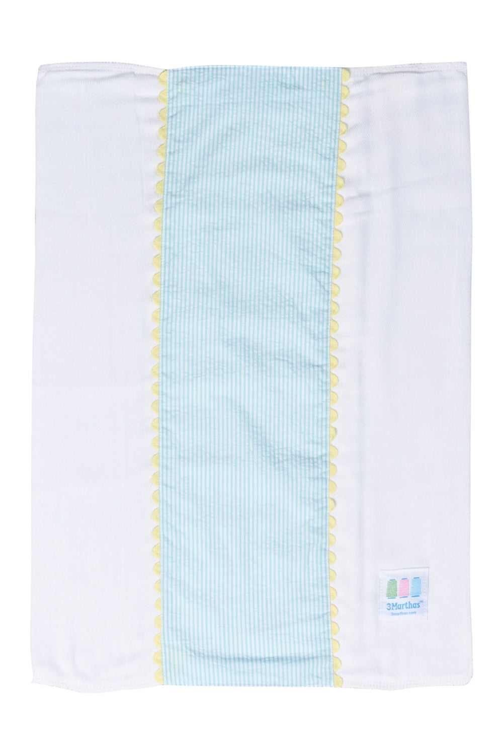 Cotton burp cloth for baby with aqua stripe fabric and yellow ric rac trim, 3 Marthas