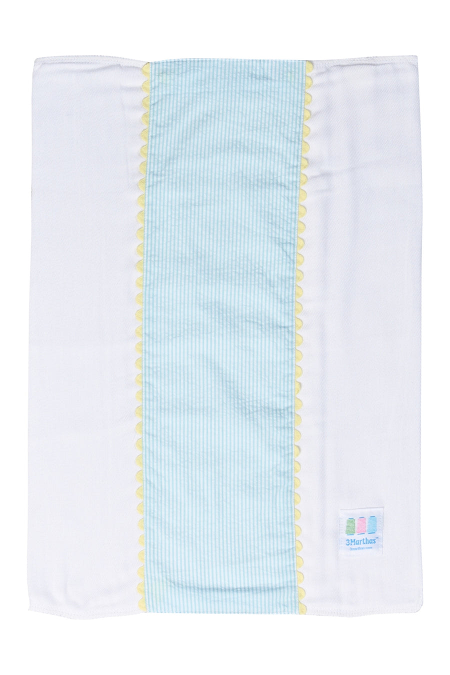 Cotton burp cloth for baby with aqua stripe fabric and yellow ric rac trim, 3 Marthas