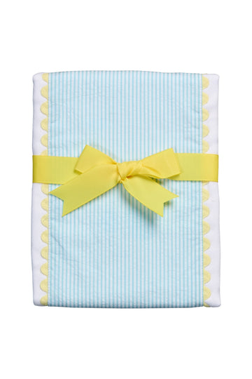 Cotton burp cloth for baby with aqua stripe fabric and yellow ric rac trim, 3 Marthas