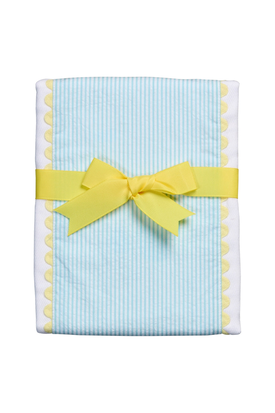 Cotton burp cloth for baby with aqua stripe fabric and yellow ric rac trim, 3 Marthas