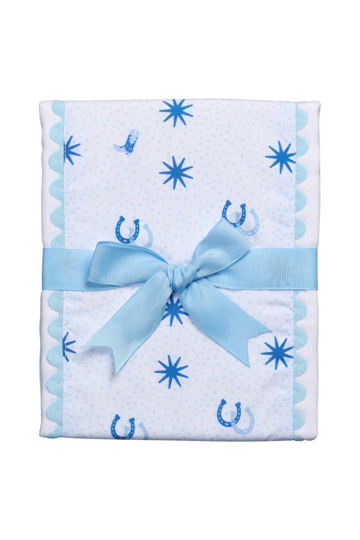 White burp cloth with blue horse shoe pattern and a blue bow, 3 Marthas