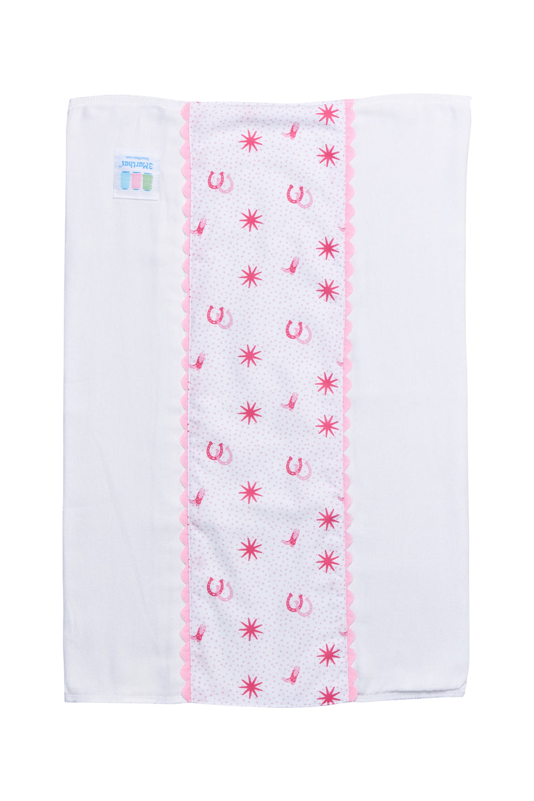 White burp cloth with pink horse shoe pattern and a pink bow, 3 Marthas