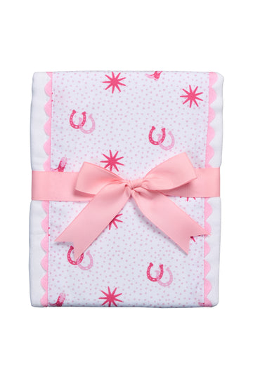 White burp cloth with pink horse shoe pattern and a pink bow, 3 Marthas