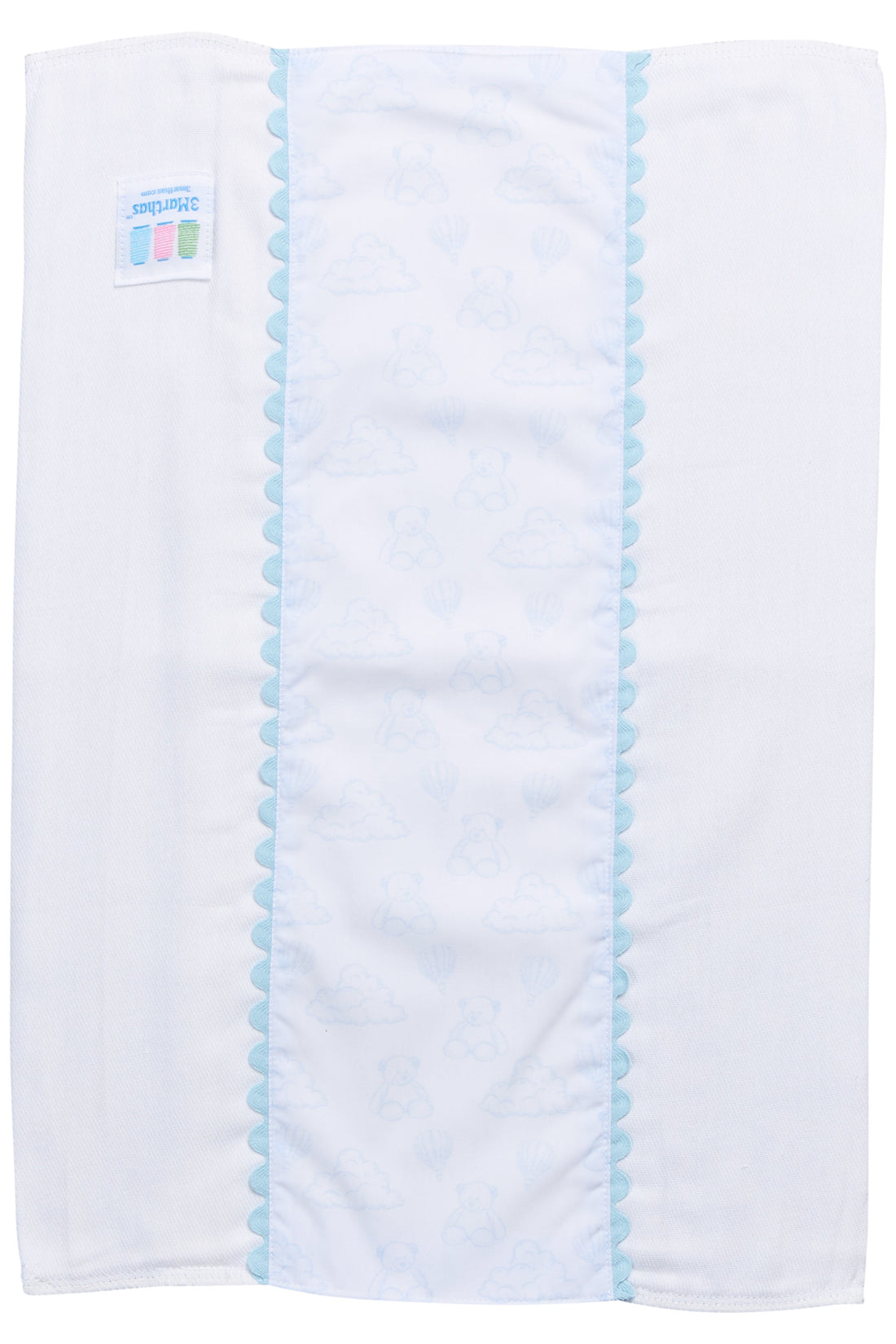 Cotton burp cloth for baby with blue teddy bear toile print fabric and blue ric rac trim, 3 Marthas