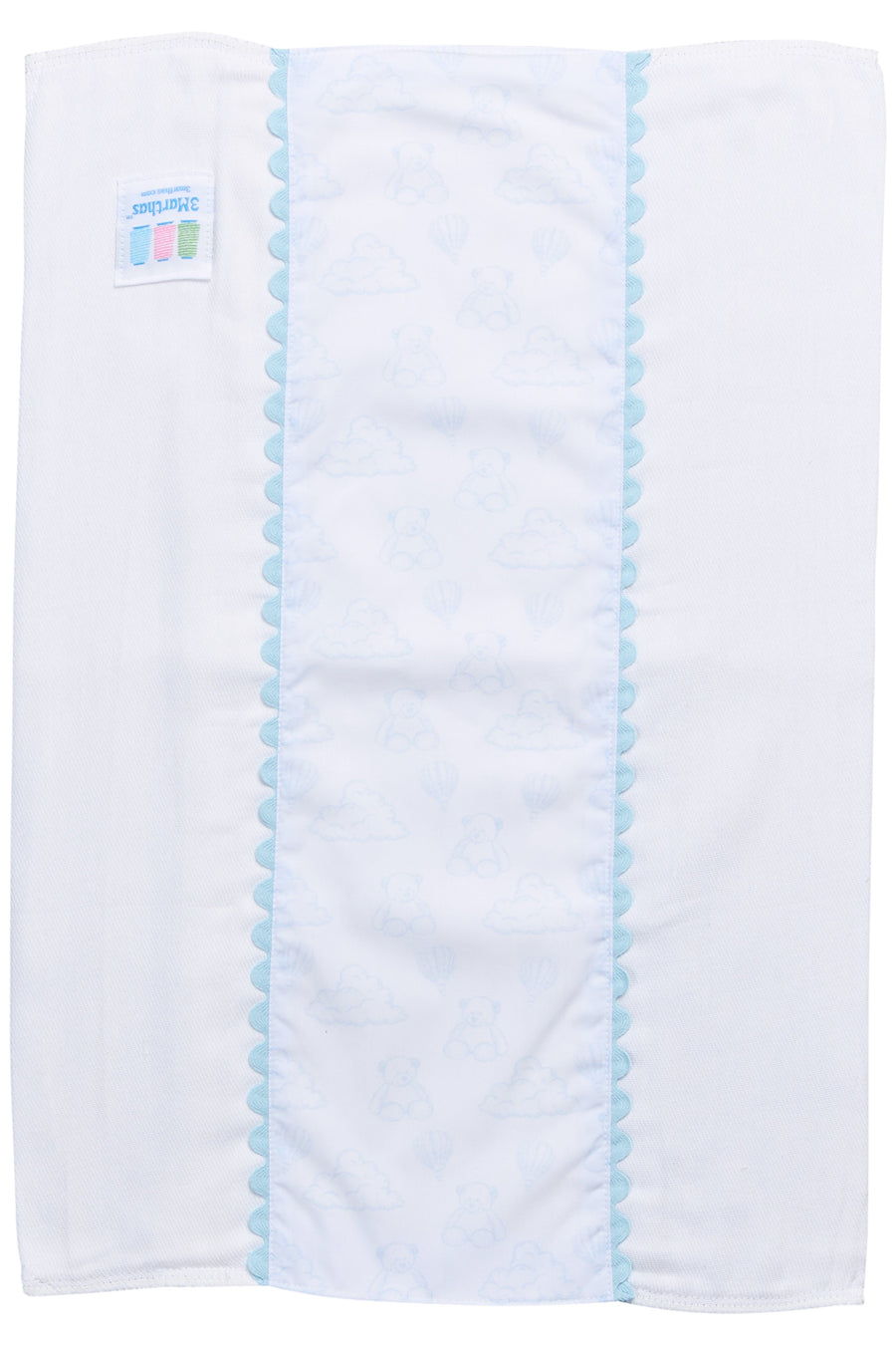 Cotton burp cloth for baby with blue teddy bear toile print fabric and blue ric rac trim, 3 Marthas