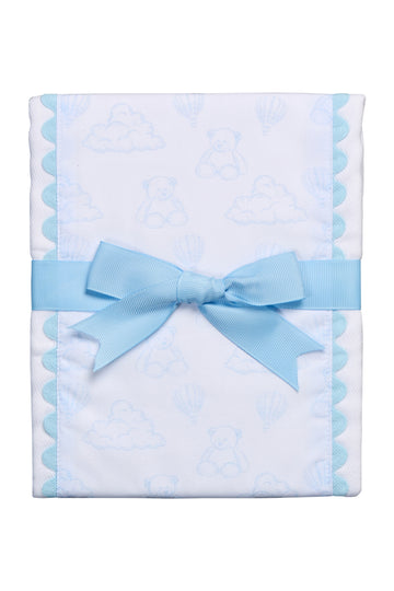Cotton burp cloth for baby with blue teddy bear toile print fabric and blue ric rac trim, 3 Marthas