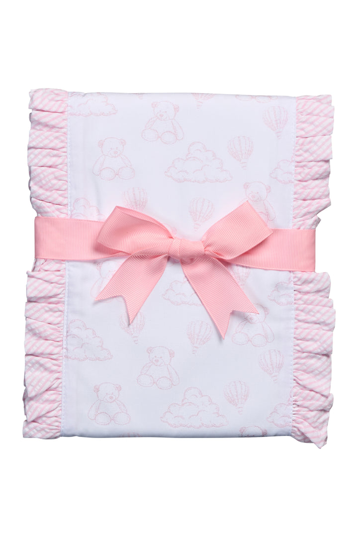 Cotton burp cloth for baby with pink teddy bear toile print fabric and ruffle trim, 3 Marthas