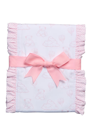 Cotton burp cloth for baby with pink teddy bear toile print fabric and ruffle trim, 3 Marthas