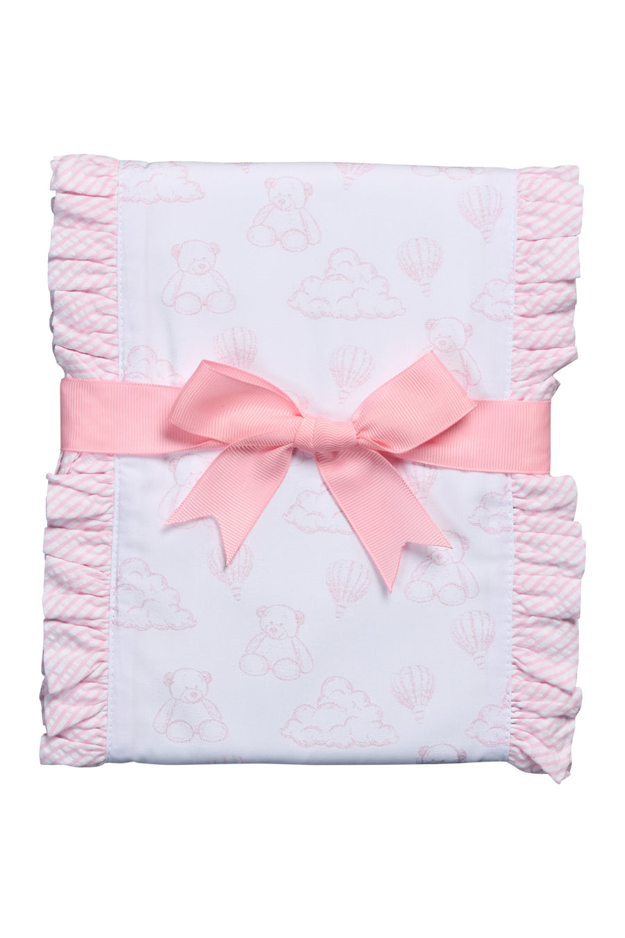 Cotton burp cloth for baby with pink teddy bear toile print fabric and ruffle trim, 3 Marthas