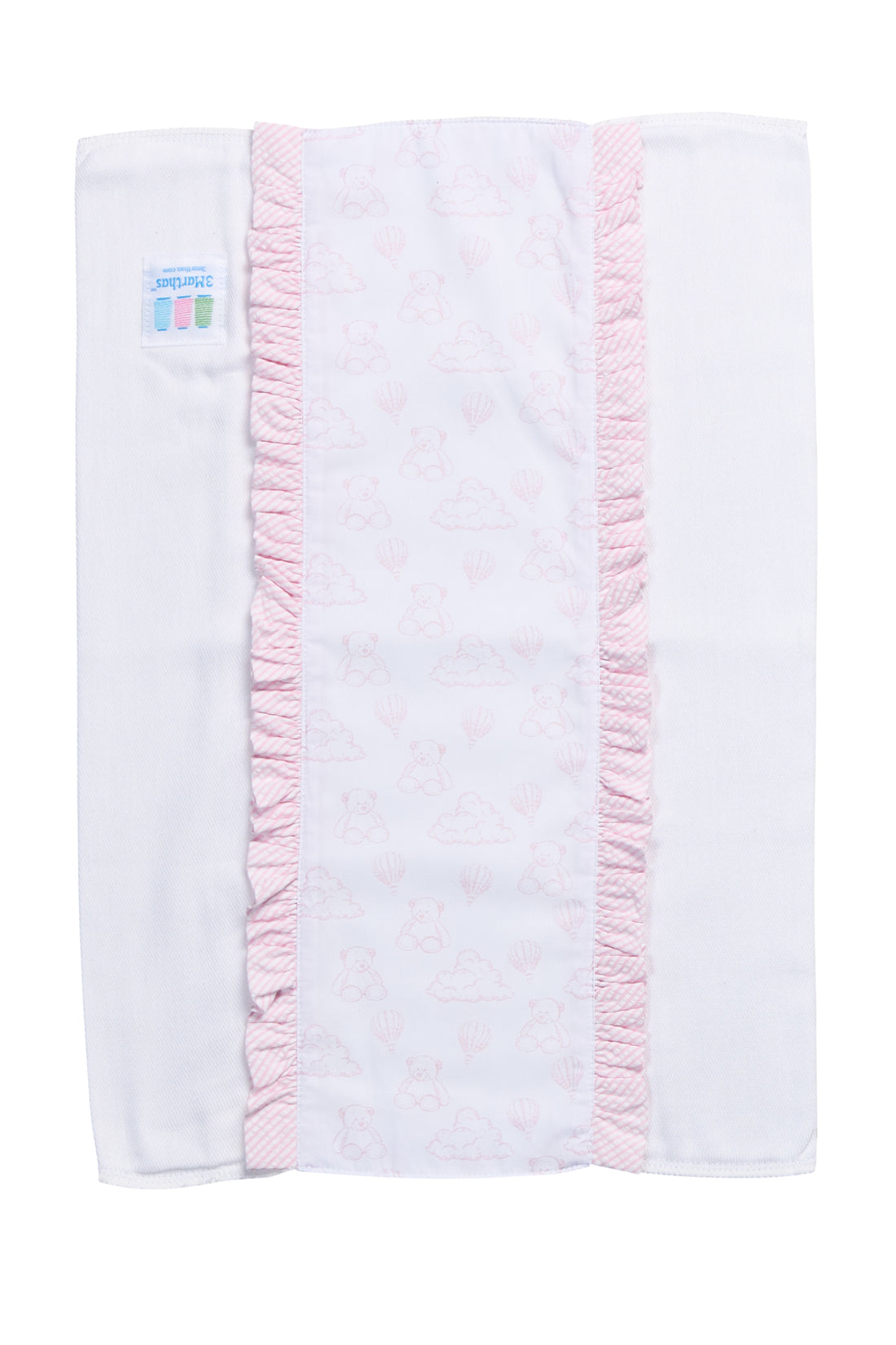 Cotton burp cloth for baby with pink teddy bear toile print fabric and ruffle trim, 3 Marthas