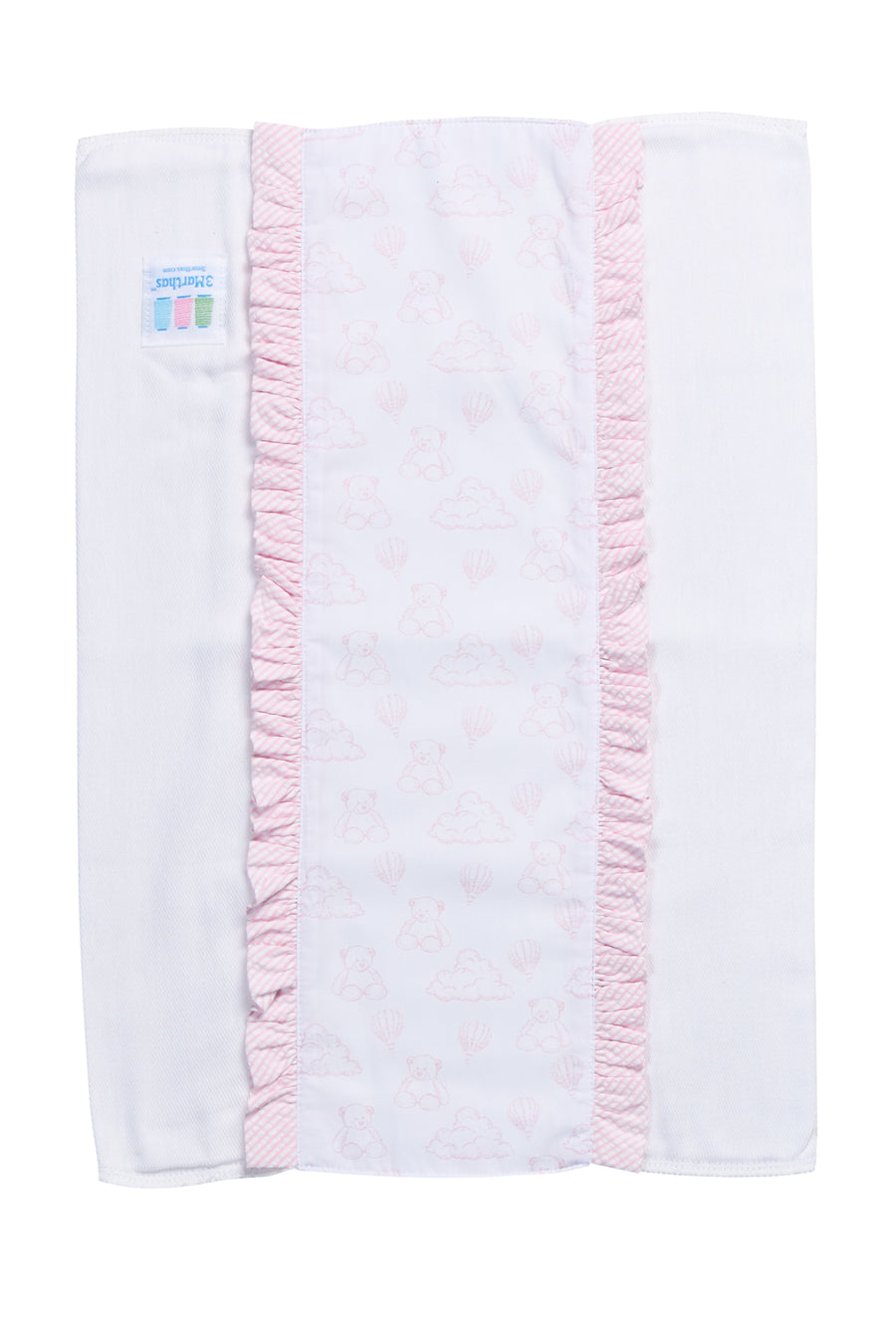 Cotton burp cloth for baby with pink teddy bear toile print fabric and ruffle trim, 3 Marthas