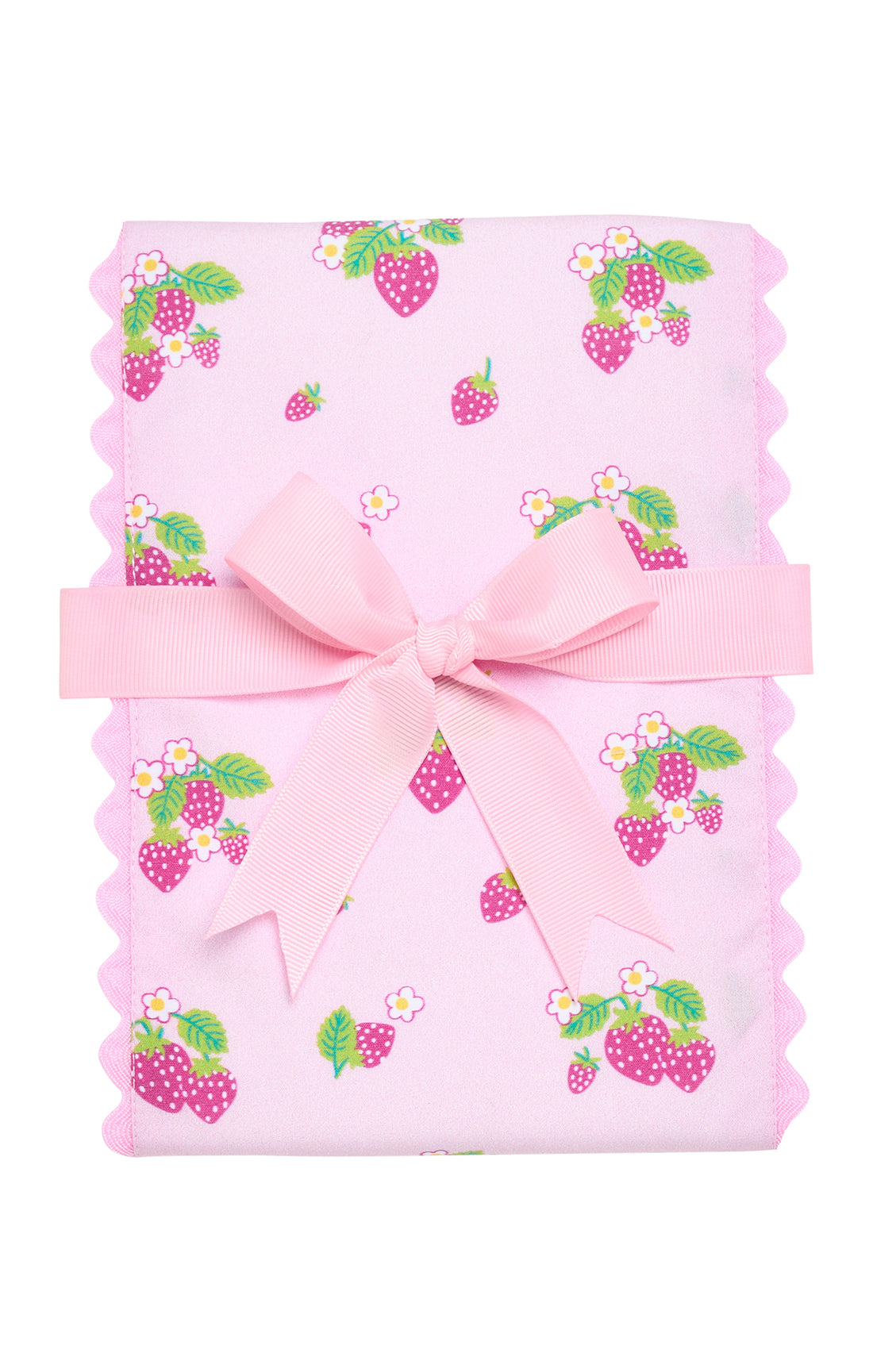 Baby burp cloth with pink fabric with strawberry pattern and tied with pink bow on a white background