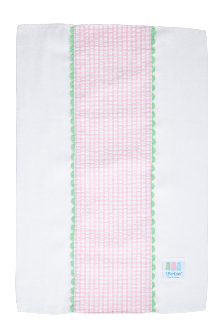 Cotton burp cloth for baby with pink gingham check print fabric and green ric rac trim, 3 Marthas