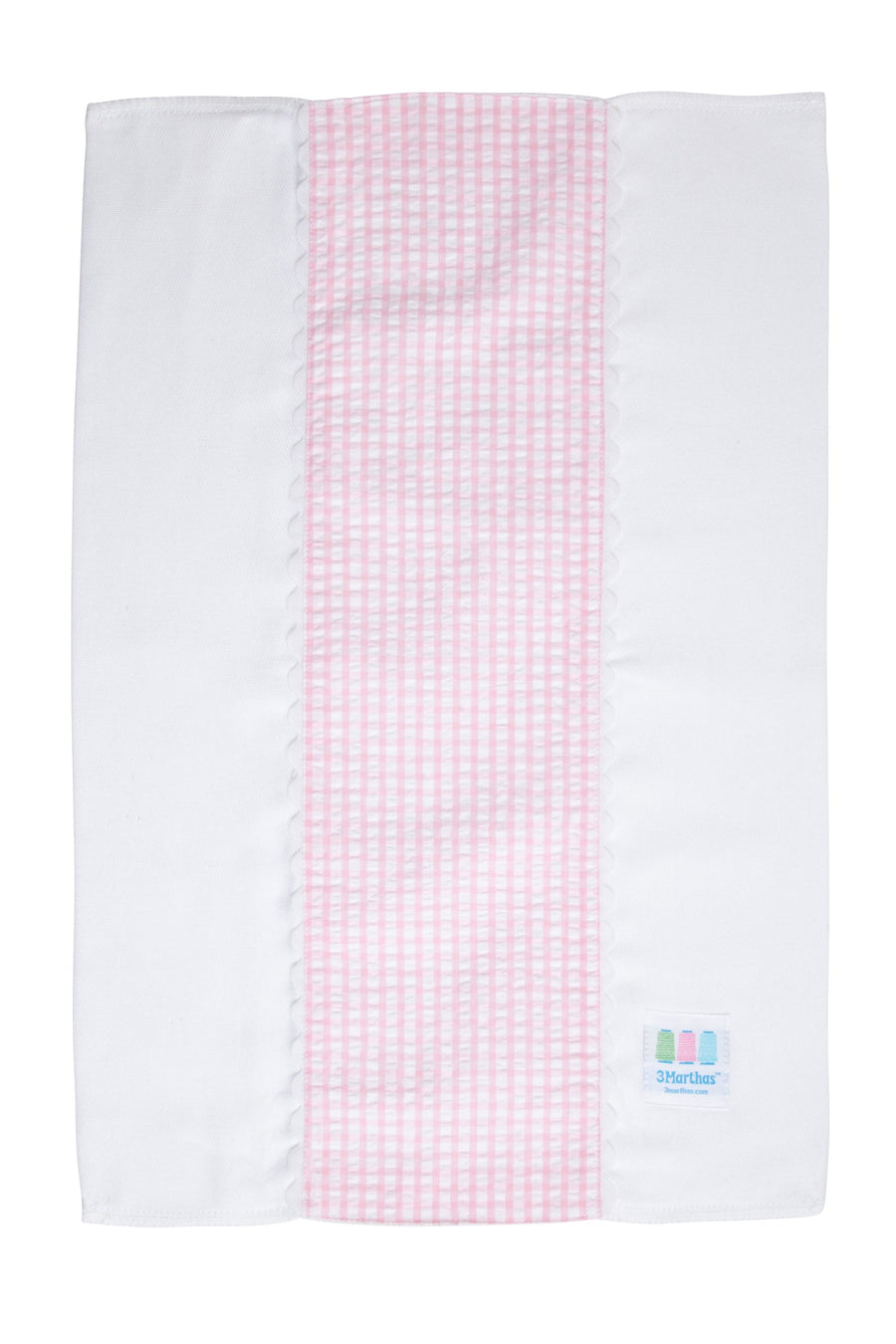 Cotton burp cloth for baby with pink gingham check print fabric and white ric rac trim, 3 Marthas