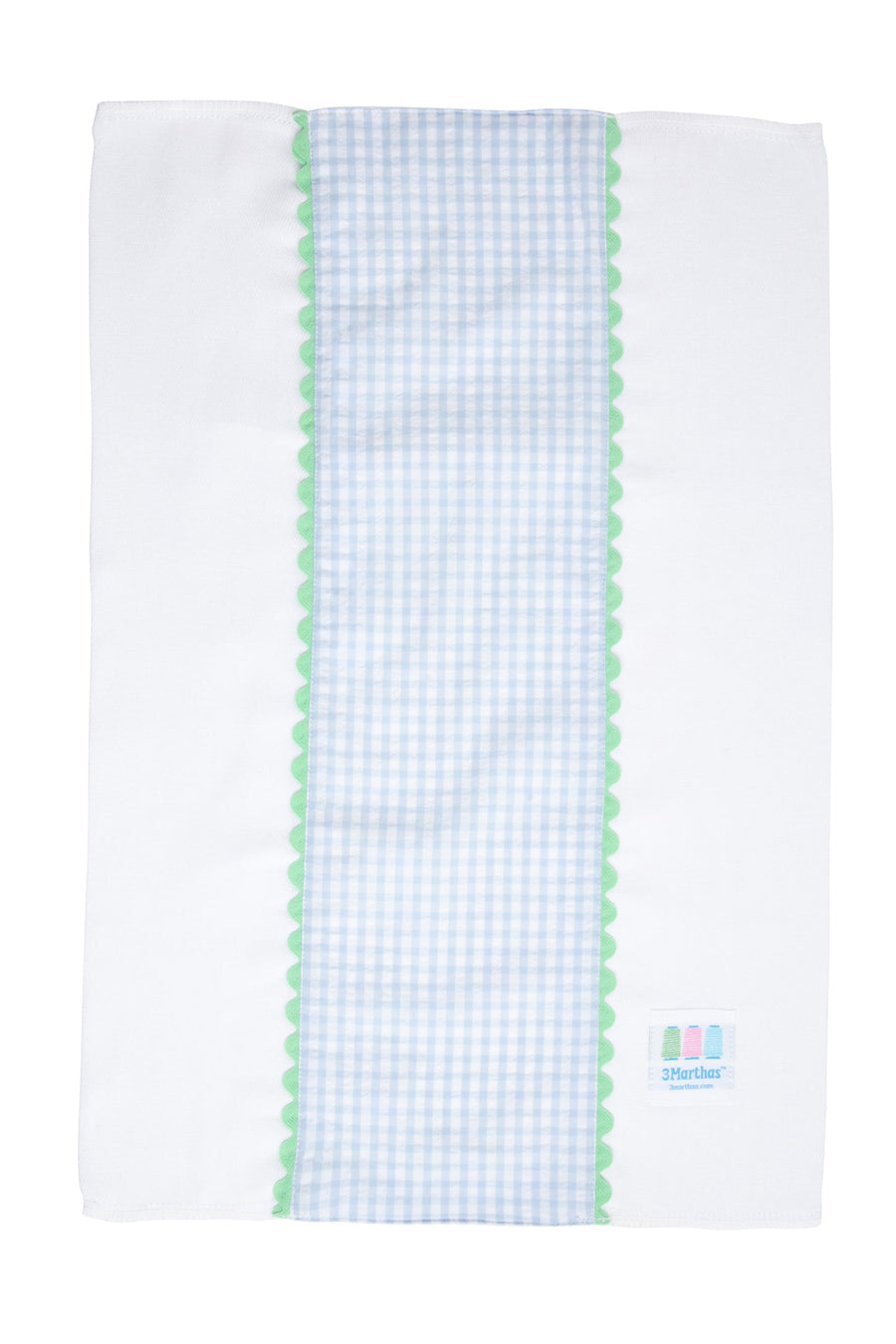 Cotton burp cloth for baby with blue gingham check print fabric and green ric rac trim, 3 Marthas