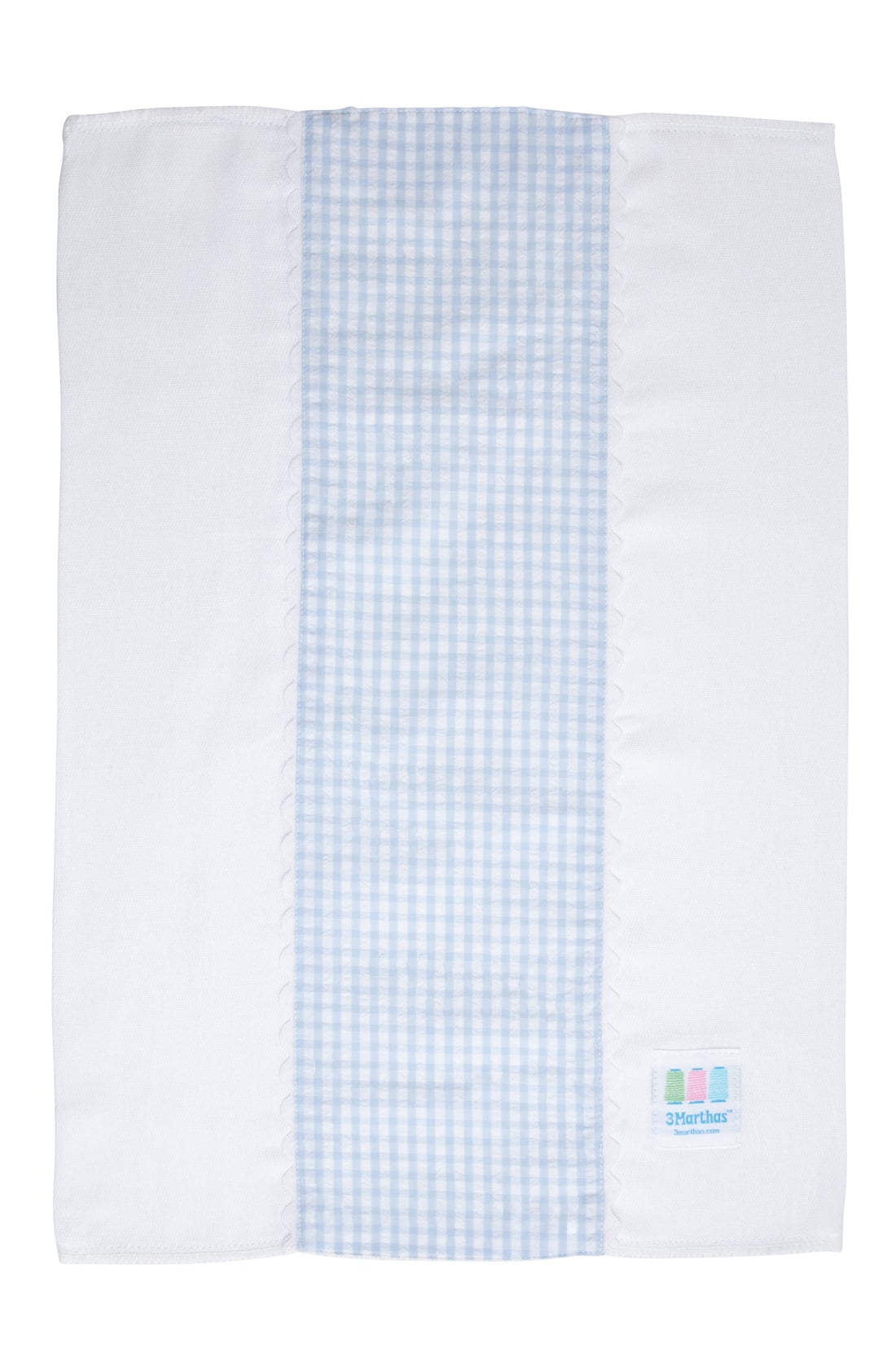 Cotton burp cloth for baby with blue gingham check print fabric and white ric rac trim, 3 Marthas