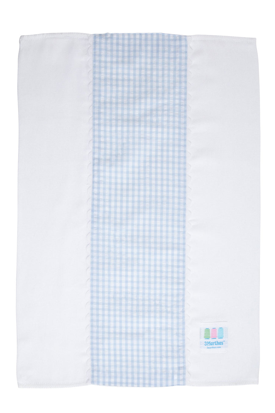 Cotton burp cloth for baby with blue gingham check print fabric and white ric rac trim, 3 Marthas