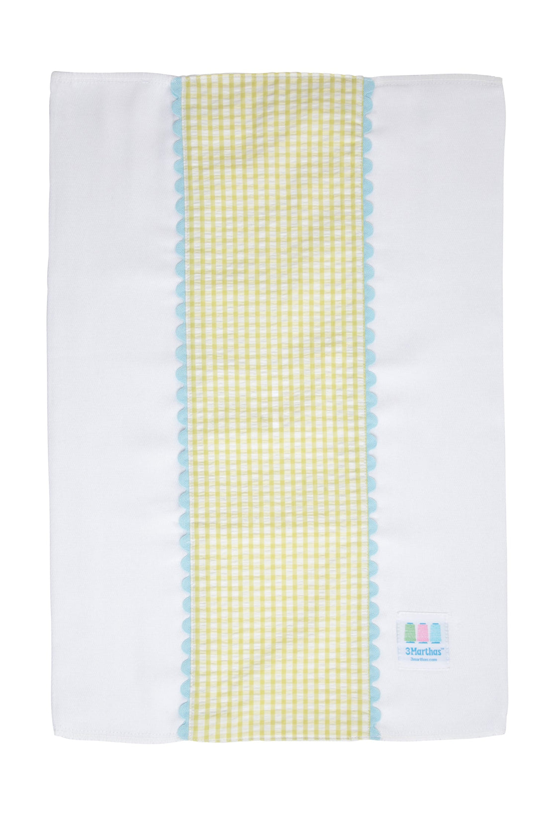 Cotton burp cloth for baby with green gingham check print fabric and blue ric rac trim, 3 Marthas