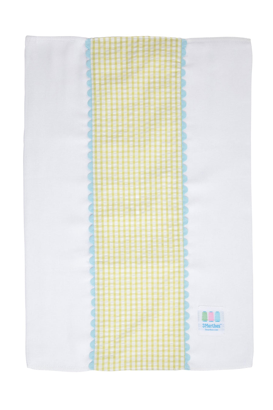 Cotton burp cloth for baby with green gingham check print fabric and blue ric rac trim, 3 Marthas