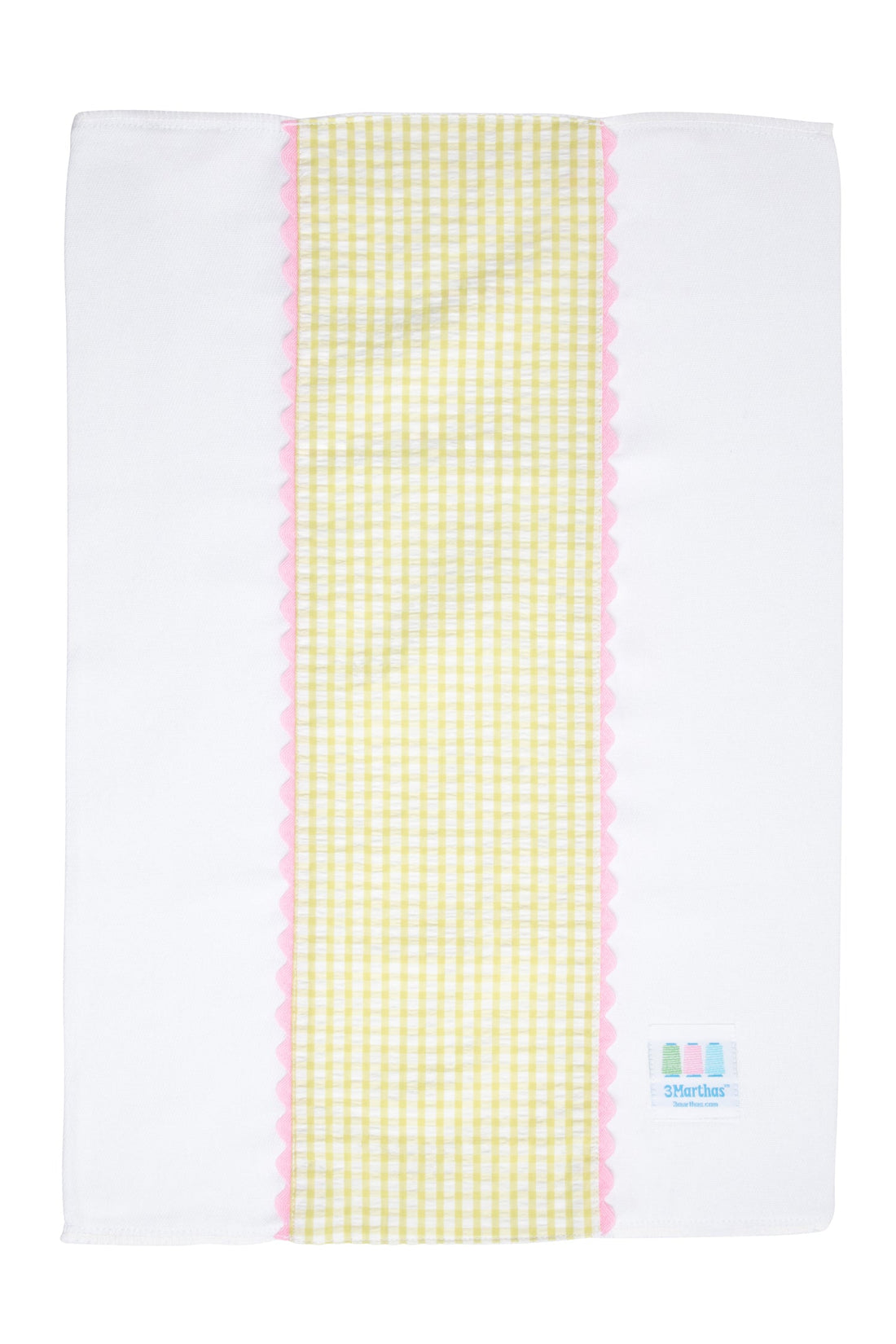 Cotton burp cloth for baby with green gingham check print fabric and pink ric rac trim, 3 Marthas