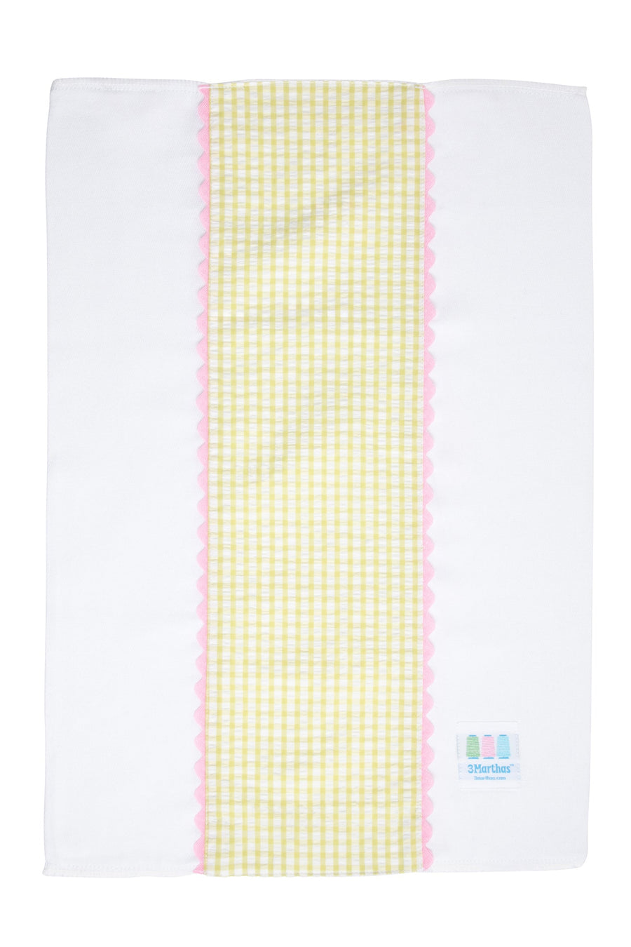 Cotton burp cloth for baby with green gingham check print fabric and pink ric rac trim, 3 Marthas