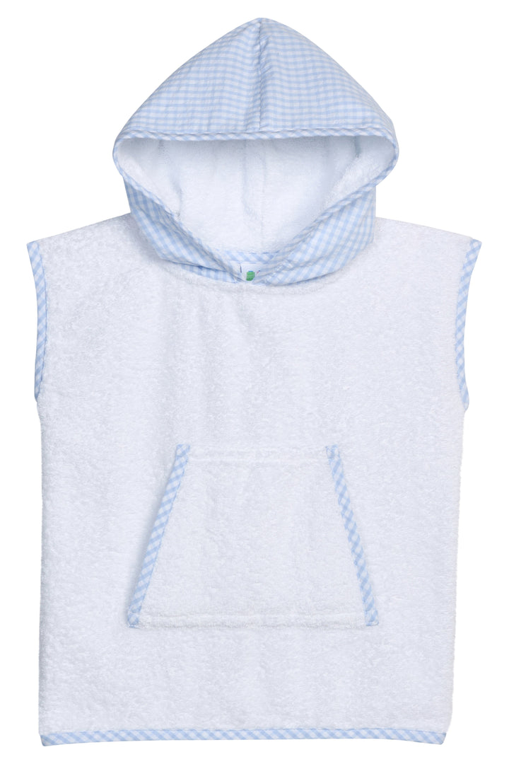 Beach cover-up with blue gingham hood and pocket