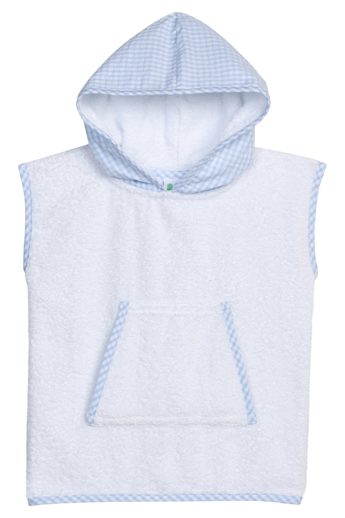 Beach cover-up with blue gingham hood and pocket