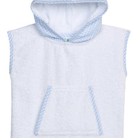 Beach cover-up with blue gingham hood and pocket
