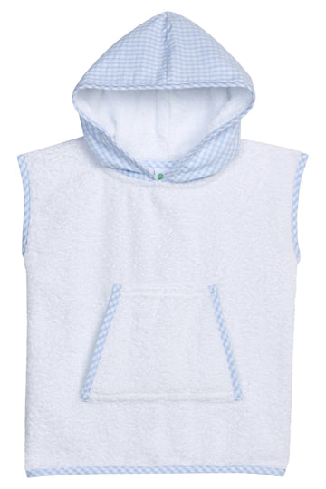 Beach cover-up with blue gingham hood and pocket