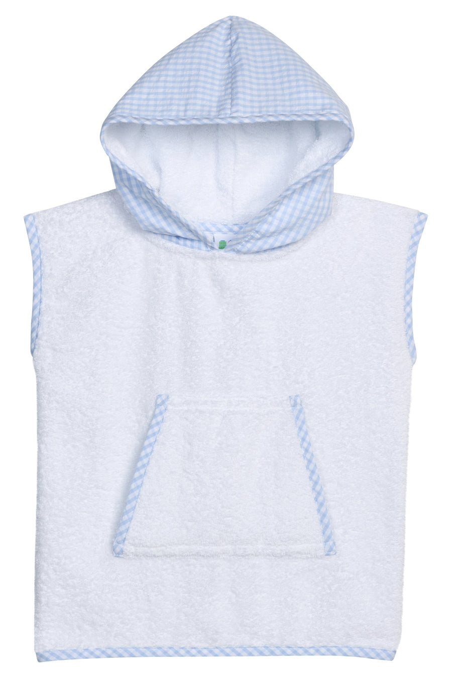 Beach cover-up with blue gingham hood and pocket