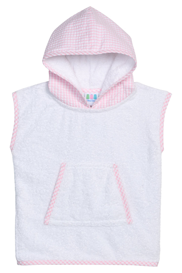 Beach cover-up with pink gingham hood and pocket