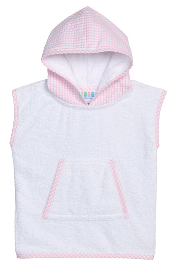 Beach cover-up with pink gingham hood and pocket