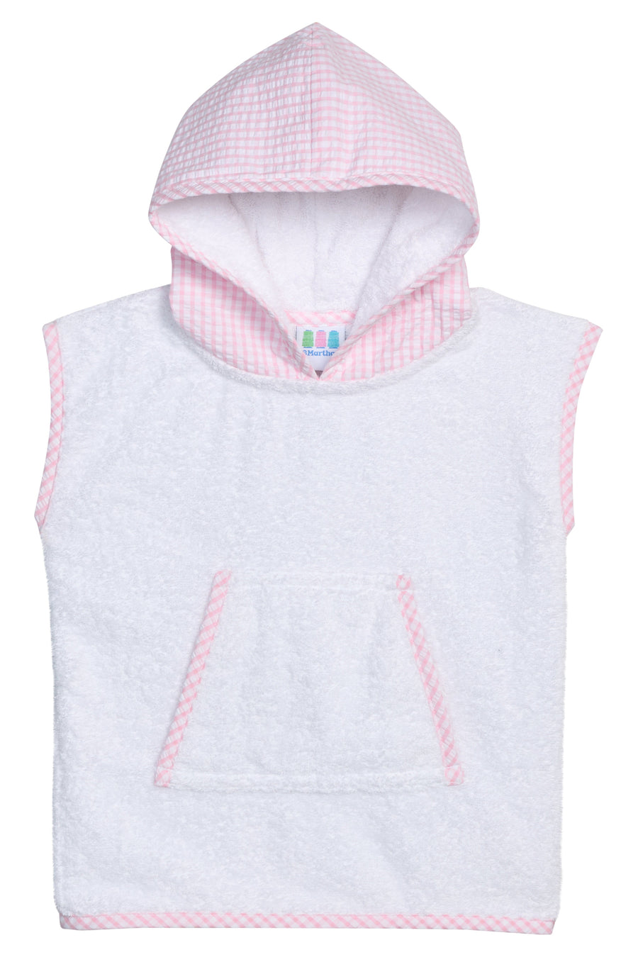 Beach cover-up with pink gingham hood and pocket
