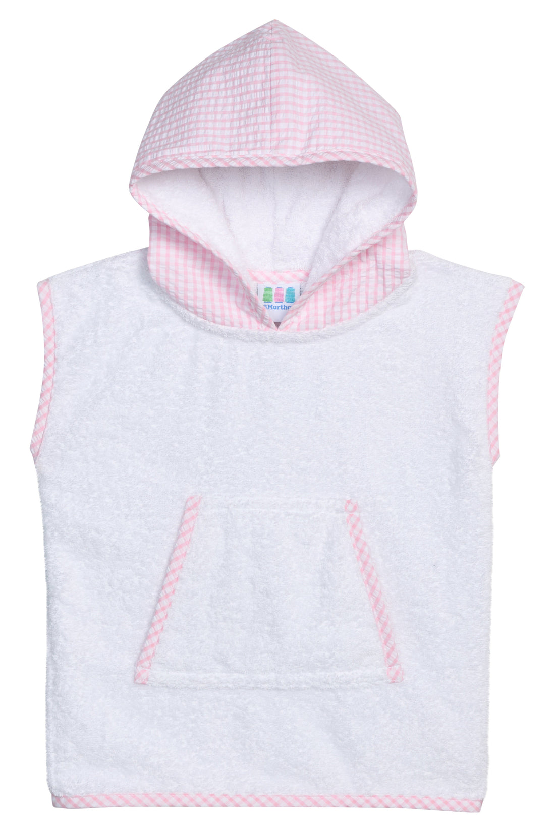 Beach cover-up with pink gingham hood and pocket