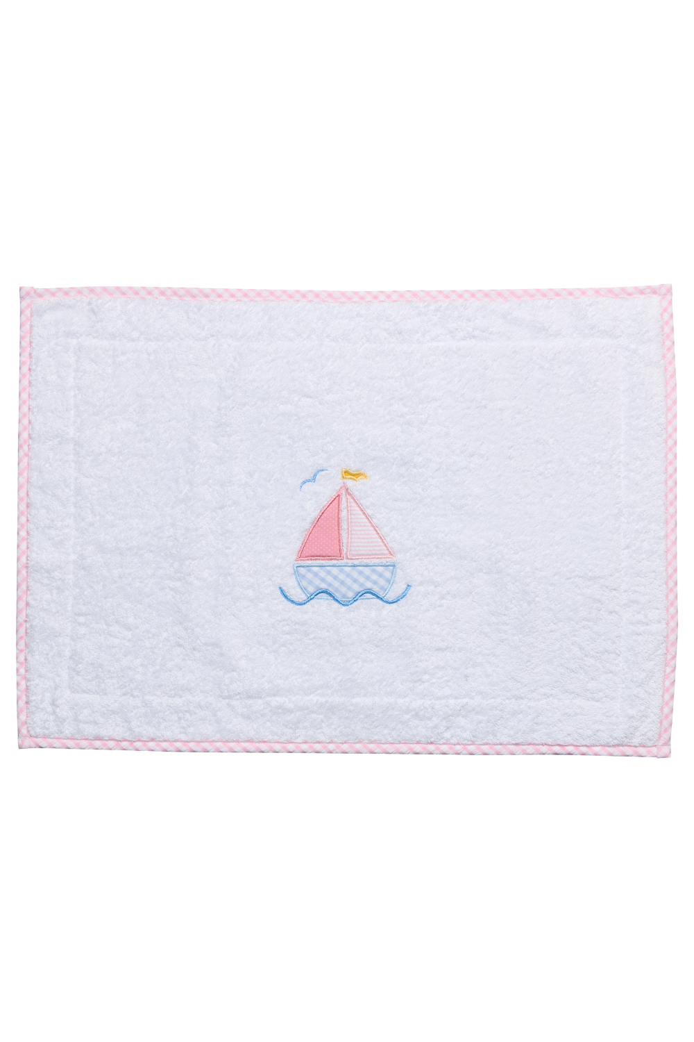 White terry bathmat with pink sailboat applique and gingham trim