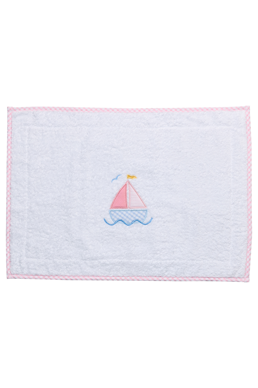 White terry bathmat with pink sailboat applique and gingham trim