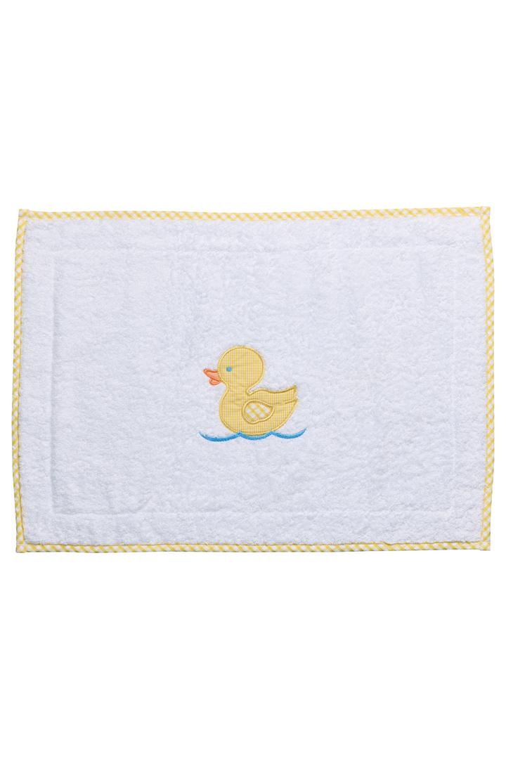 White terry bath mat with a yellow gingham duck applique